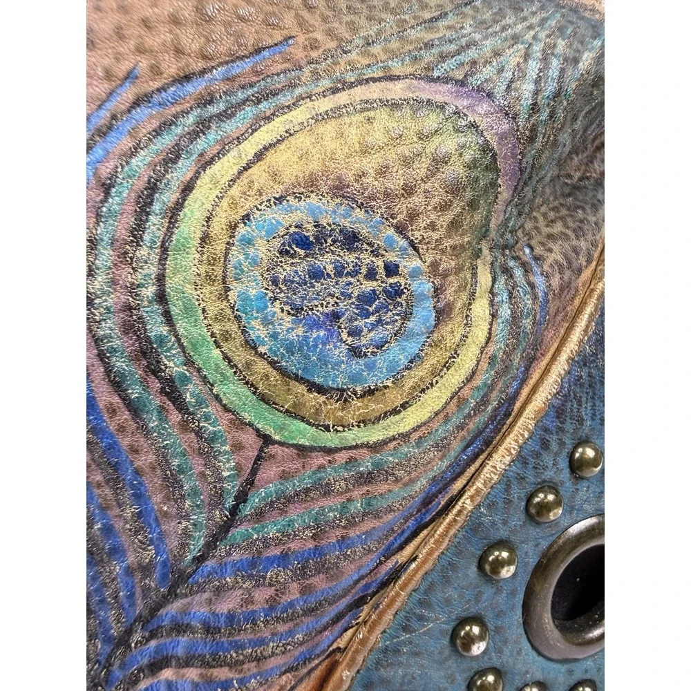 Anuschka peacock feather satchel bag studded blue hand painted signed art purse